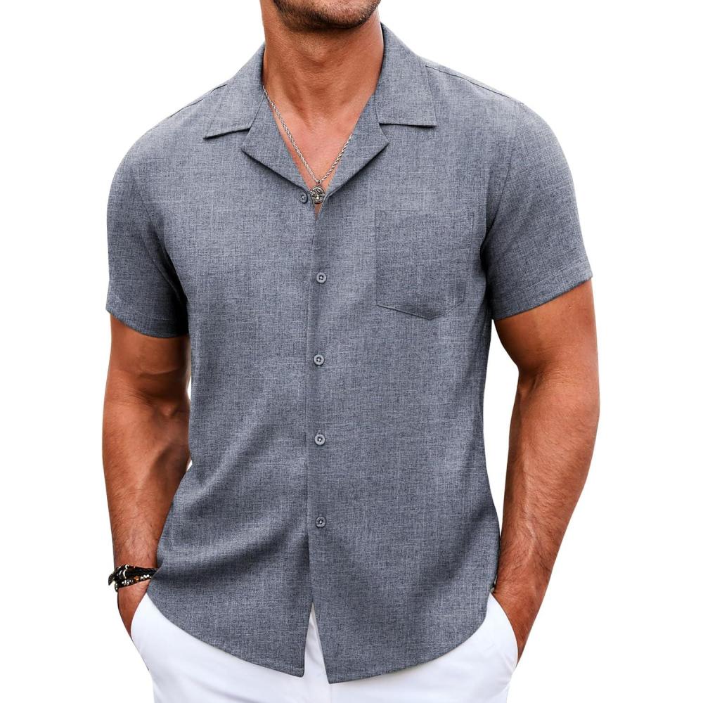 imageCOOFANDY Mens Casual Button Down Shirts Short Sleeve Summer Beach Shirt Cuban Vacation Textured Shirts with PocketGrey Blue
