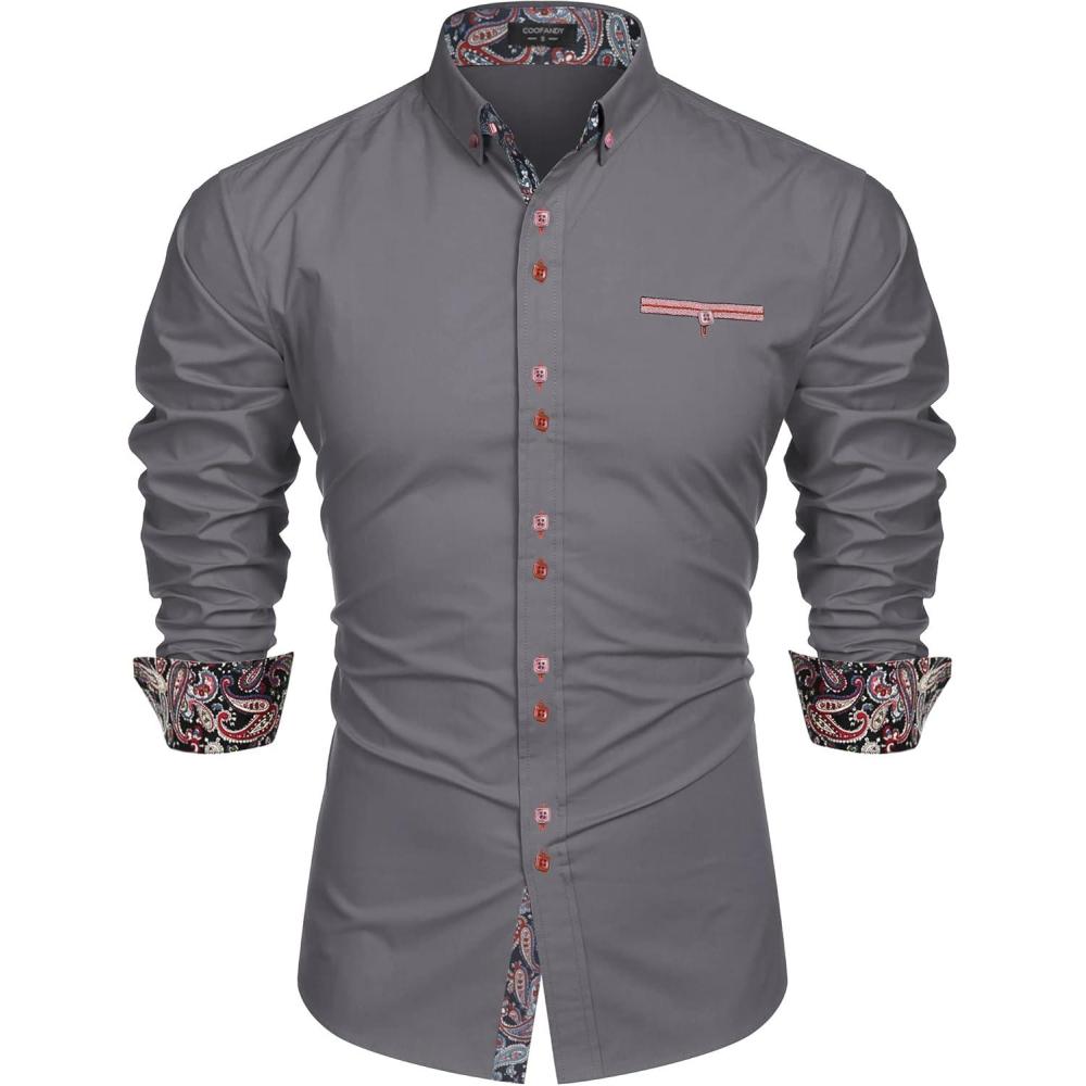 imageCOOFANDY Mens Dress Shirt Long Sleeve Casual Button Down Paisley Shirts Party Wedding Dress ShirtGrey