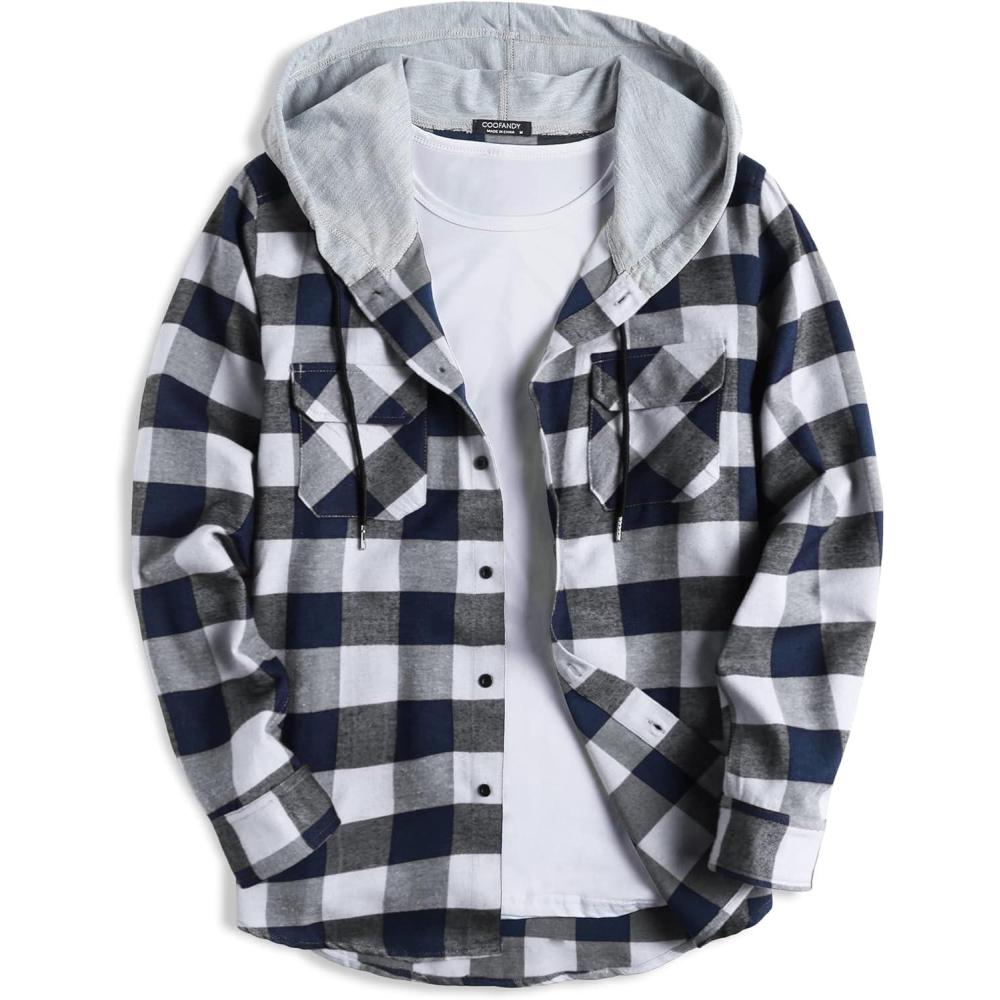 imageCOOFANDY Mens Plaid Hoodie Flannel Shirt Jacket Long Sleeve Casual Fashion Button ShirtsNavy Blue