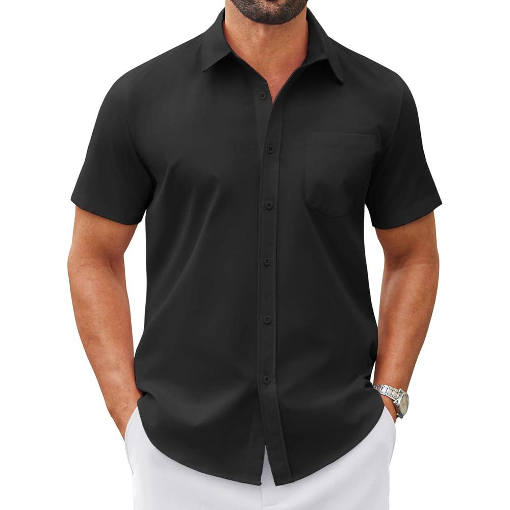 imageCOOFANDY Mens Wrinkle Free Dress Shirt Short Sleeve Button Down Print Shirt Summer Business Casual Shirts with PocketAblack
