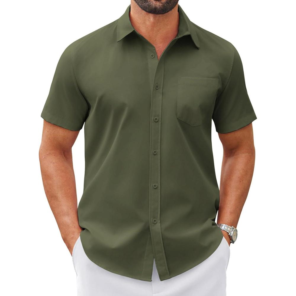imageCOOFANDY Mens Wrinkle Free Dress Shirt Short Sleeve Button Down Print Shirt Summer Business Casual Shirts with PocketDark Army Green