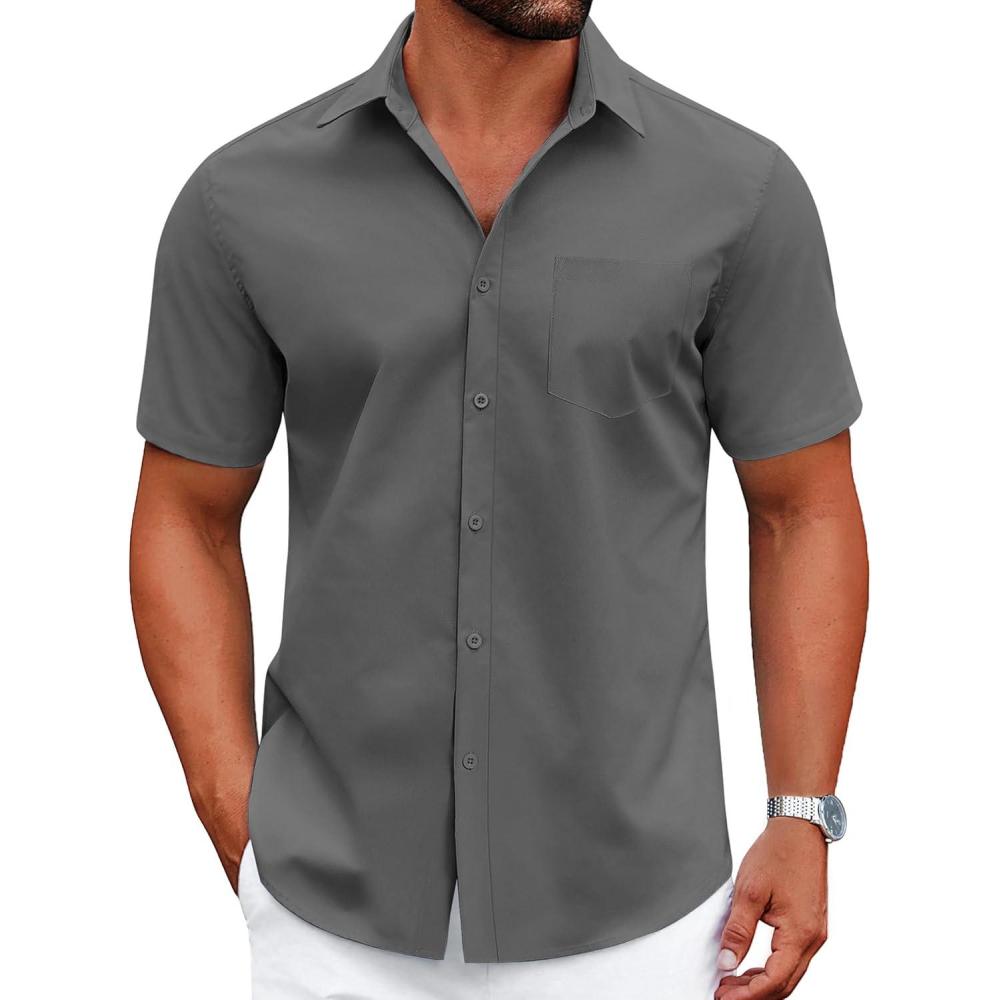 imageCOOFANDY Mens Wrinkle Free Dress Shirt Short Sleeve Button Down Print Shirt Summer Business Casual Shirts with PocketDark Gray