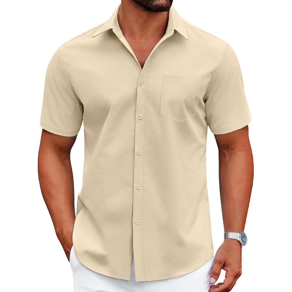 imageCOOFANDY Mens Wrinkle Free Dress Shirt Short Sleeve Button Down Print Shirt Summer Business Casual Shirts with PocketKhaki