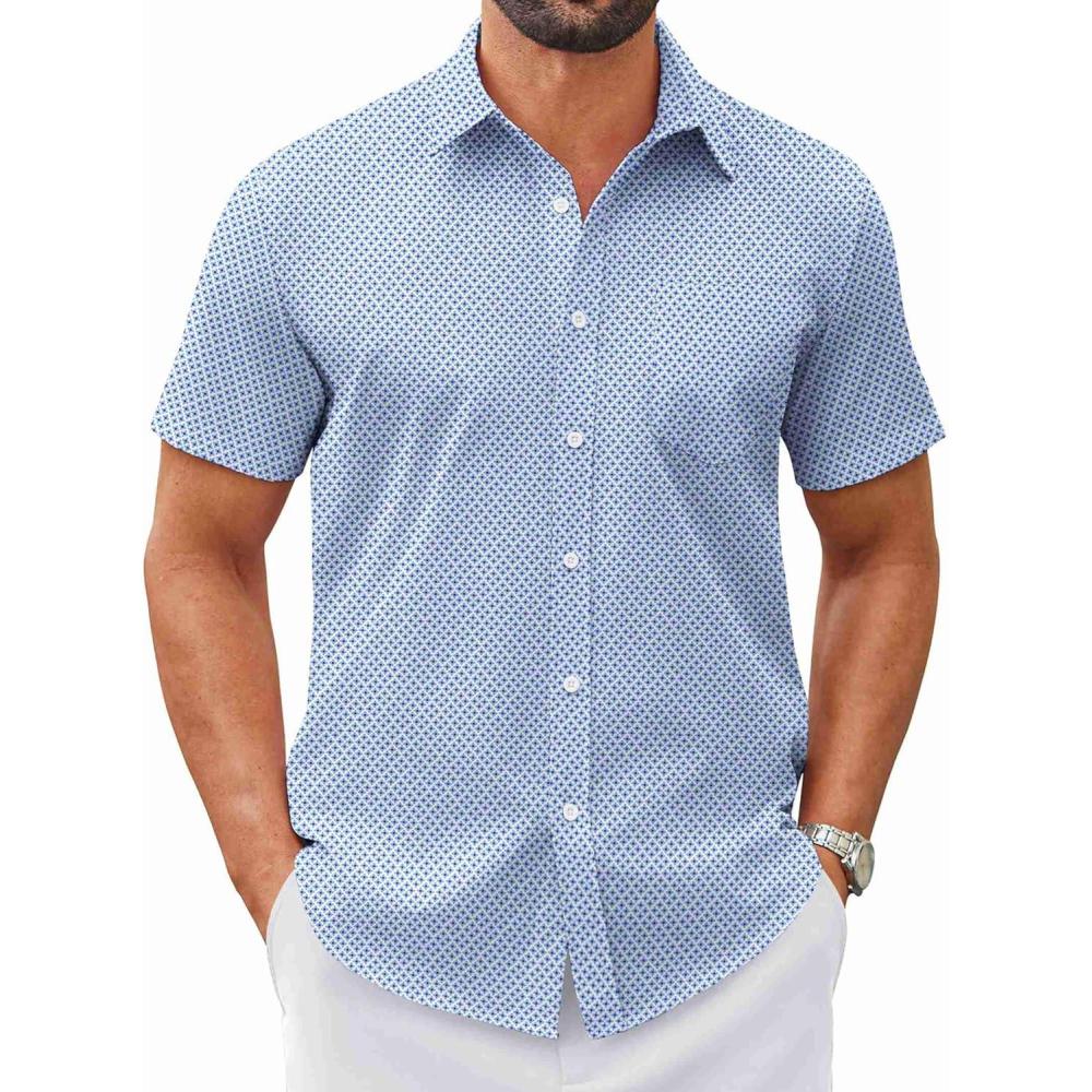 imageCOOFANDY Mens Wrinkle Free Dress Shirt Short Sleeve Button Down Print Shirt Summer Business Casual Shirts with PocketLight Bluesquare