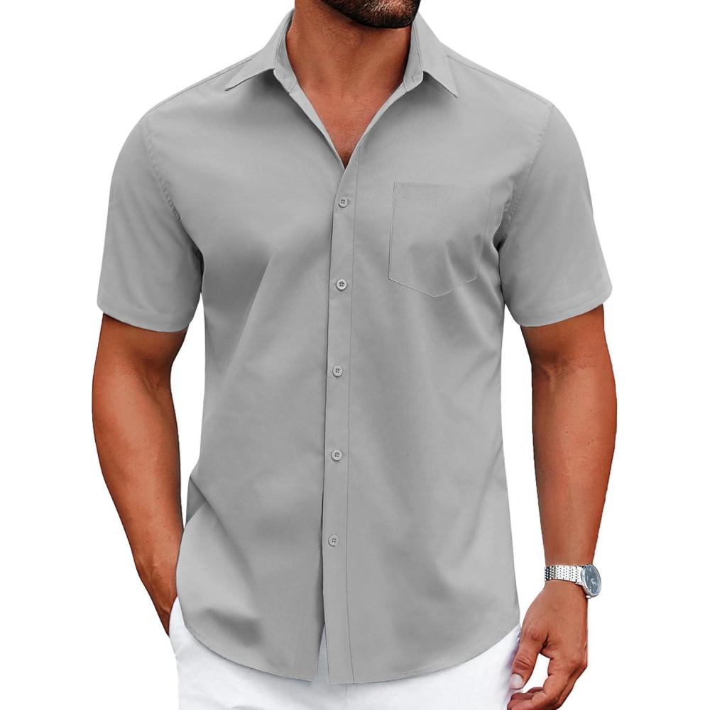 imageCOOFANDY Mens Wrinkle Free Dress Shirt Short Sleeve Button Down Print Shirt Summer Business Casual Shirts with PocketLight Gray