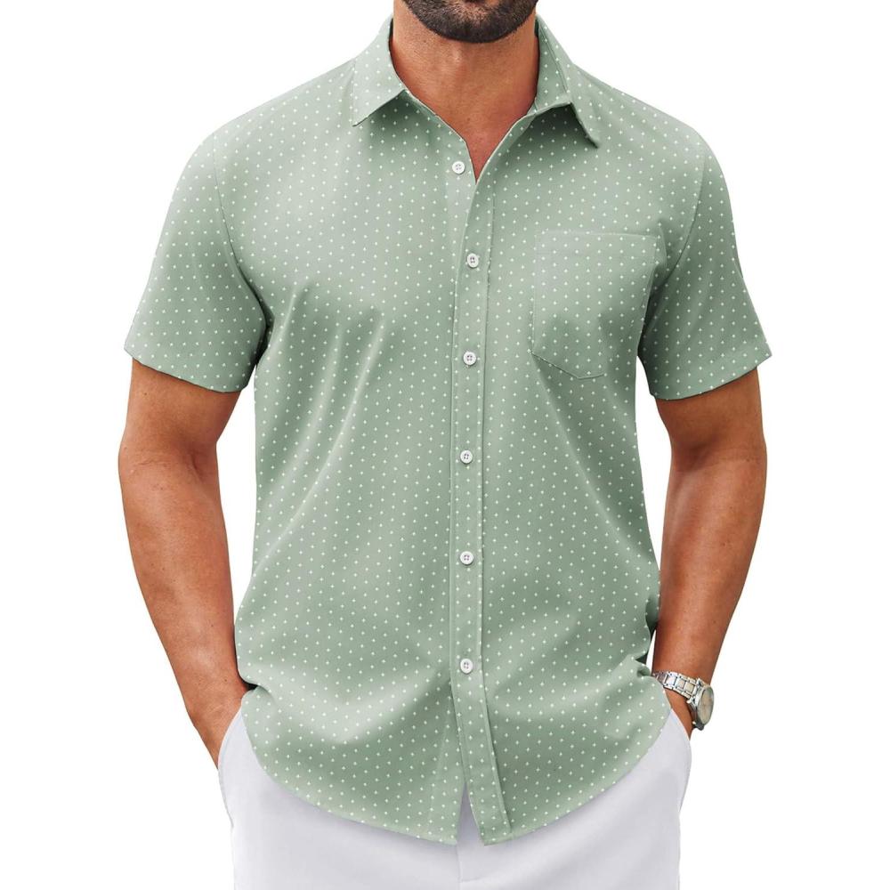imageCOOFANDY Mens Wrinkle Free Dress Shirt Short Sleeve Button Down Print Shirt Summer Business Casual Shirts with PocketLight Greenflower
