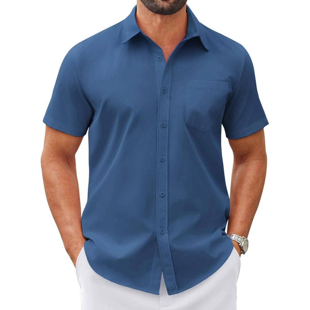 imageCOOFANDY Mens Wrinkle Free Dress Shirt Short Sleeve Button Down Print Shirt Summer Business Casual Shirts with PocketNavy Blue