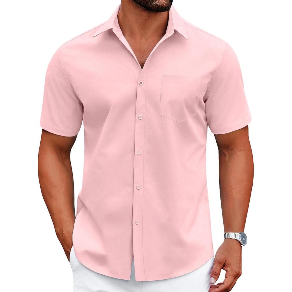 imageCOOFANDY Mens Wrinkle Free Dress Shirt Short Sleeve Button Down Print Shirt Summer Business Casual Shirts with PocketPink