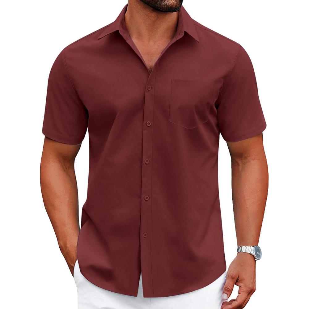 imageCOOFANDY Mens Wrinkle Free Dress Shirt Short Sleeve Button Down Print Shirt Summer Business Casual Shirts with PocketWine Red