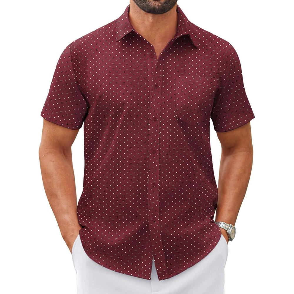 imageCOOFANDY Mens Wrinkle Free Dress Shirt Short Sleeve Button Down Print Shirt Summer Business Casual Shirts with PocketWine Redpolka Dots