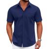 COOFANDY Mens Wrinkle Free Dress Shirt Short Sleeve Button Down Print Shirt Summer Business Casual Shirts with Pocket(Dark Blue)