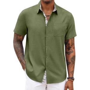 COOFANDY Men’s Button Down Shirts Short Sleeve Casual Summer Beach Vacation Wedding Shirt with Pocket(Army Green)