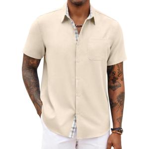 COOFANDY Men’s Button Down Shirts Short Sleeve Casual Summer Beach Vacation Wedding Shirt with Pocket(Beige)