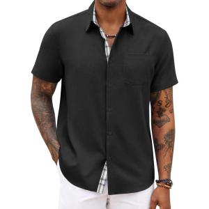 COOFANDY Men’s Button Down Shirts Short Sleeve Casual Summer Beach Vacation Wedding Shirt with Pocket(Black)