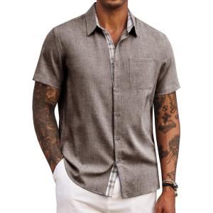 COOFANDY Men’s Button Down Shirts Short Sleeve Casual Summer Beach Vacation Wedding Shirt with Pocket(Brown)