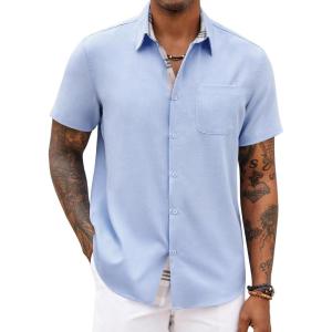 COOFANDY Men’s Button Down Shirts Short Sleeve Casual Summer Beach Vacation Wedding Shirt with Pocket(Clear Blue – Light Brown Plaid)
