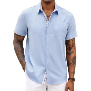 COOFANDY Men’s Button Down Shirts Short Sleeve Casual Summer Beach Vacation Wedding Shirt with Pocket(Clear Blue)