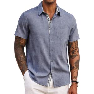 COOFANDY Men’s Button Down Shirts Short Sleeve Casual Summer Beach Vacation Wedding Shirt with Pocket(Dark Blue)