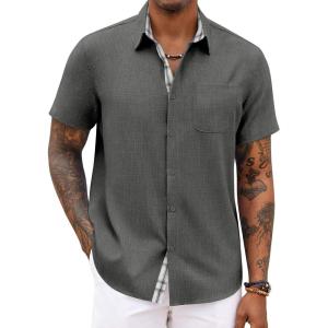 COOFANDY Men’s Button Down Shirts Short Sleeve Casual Summer Beach Vacation Wedding Shirt with Pocket(Deep Grey)