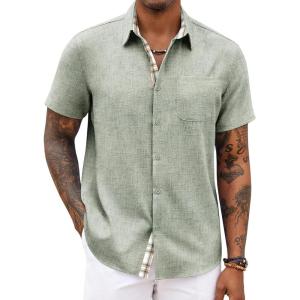 COOFANDY Men’s Button Down Shirts Short Sleeve Casual Summer Beach Vacation Wedding Shirt with Pocket(Green)