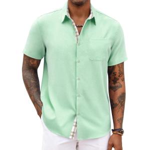 COOFANDY Men’s Button Down Shirts Short Sleeve Casual Summer Beach Vacation Wedding Shirt with Pocket(Ice Green)