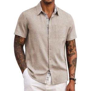 COOFANDY Men’s Button Down Shirts Short Sleeve Casual Summer Beach Vacation Wedding Shirt with Pocket(Khaki)