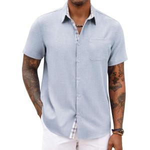 COOFANDY Men’s Button Down Shirts Short Sleeve Casual Summer Beach Vacation Wedding Shirt with Pocket(Lake Blue)