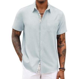 COOFANDY Men’s Button Down Shirts Short Sleeve Casual Summer Beach Vacation Wedding Shirt with Pocket(Light Blue)