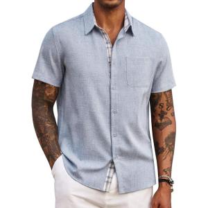 COOFANDY Men’s Button Down Shirts Short Sleeve Casual Summer Beach Vacation Wedding Shirt with Pocket(Light Denim Blue)