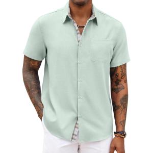COOFANDY Men’s Button Down Shirts Short Sleeve Casual Summer Beach Vacation Wedding Shirt with Pocket(Light Green)