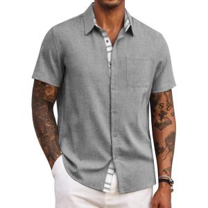 COOFANDY Men’s Button Down Shirts Short Sleeve Casual Summer Beach Vacation Wedding Shirt with Pocket(Light Grey)