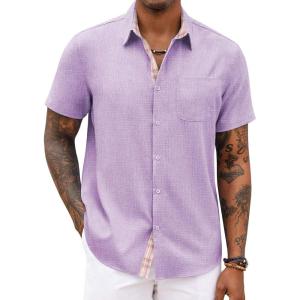 COOFANDY Men’s Button Down Shirts Short Sleeve Casual Summer Beach Vacation Wedding Shirt with Pocket(Light Purple)