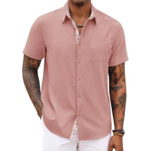 COOFANDY Men’s Button Down Shirts Short Sleeve Casual Summer Beach Vacation Wedding Shirt with Pocket(Misty Rose)