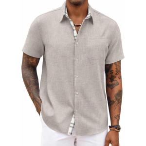 COOFANDY Men’s Button Down Shirts Short Sleeve Casual Summer Beach Vacation Wedding Shirt with Pocket(Stone)