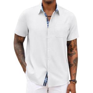 COOFANDY Men’s Button Down Shirts Short Sleeve Casual Summer Beach Vacation Wedding Shirt with Pocket(White – Blue Plaid)