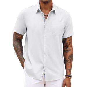COOFANDY Men’s Button Down Shirts Short Sleeve Casual Summer Beach Vacation Wedding Shirt with Pocket(White)