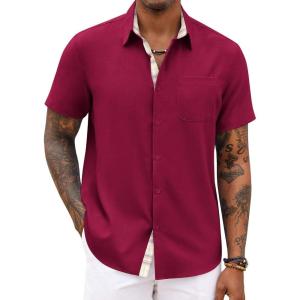 COOFANDY Men’s Button Down Shirts Short Sleeve Casual Summer Beach Vacation Wedding Shirt with Pocket(Wine Red)