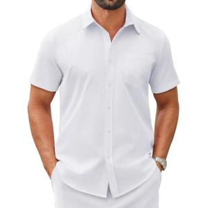 COOFANDY Mens Wrinkle Free Dress Shirt Short Sleeve Button Down Print Shirt Summer Business Casual Shirts with Pocket(A-white)