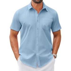 COOFANDY Mens Wrinkle Free Dress Shirt Short Sleeve Button Down Print Shirt Summer Business Casual Shirts with Pocket(Blue)