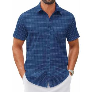 COOFANDY Mens Wrinkle Free Dress Shirt Short Sleeve Button Down Print Shirt Summer Business Casual Shirts with Pocket(Blue White Star)