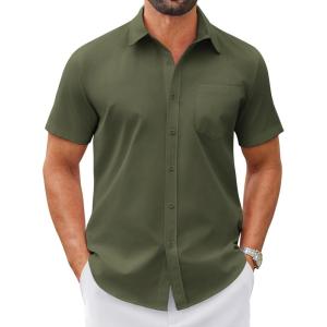 COOFANDY Mens Wrinkle Free Dress Shirt Short Sleeve Button Down Print Shirt Summer Business Casual Shirts with Pocket(Dark Army Green)