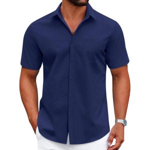 COOFANDY Mens Wrinkle Free Dress Shirt Short Sleeve Button Down Print Shirt Summer Business Casual Shirts with Pocket(Dark Blue)