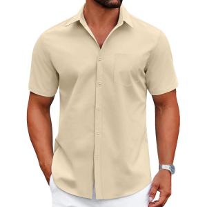 COOFANDY Mens Wrinkle Free Dress Shirt Short Sleeve Button Down Print Shirt Summer Business Casual Shirts with Pocket(Khaki)