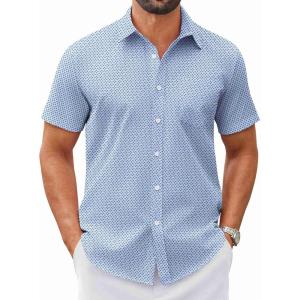 COOFANDY Mens Wrinkle Free Dress Shirt Short Sleeve Button Down Print Shirt Summer Business Casual Shirts with Pocket(Light Blue-square)