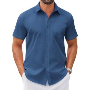COOFANDY Mens Wrinkle Free Dress Shirt Short Sleeve Button Down Print Shirt Summer Business Casual Shirts with Pocket(Navy Blue)