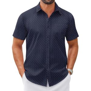 COOFANDY Mens Wrinkle Free Dress Shirt Short Sleeve Button Down Print Shirt Summer Business Casual Shirts with Pocket(Navy Blue-polka Dots)