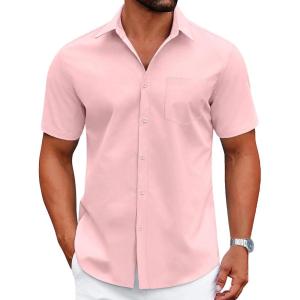 COOFANDY Mens Wrinkle Free Dress Shirt Short Sleeve Button Down Print Shirt Summer Business Casual Shirts with Pocket(Pink)