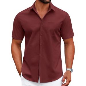 COOFANDY Mens Wrinkle Free Dress Shirt Short Sleeve Button Down Print Shirt Summer Business Casual Shirts with Pocket(Wine Red)