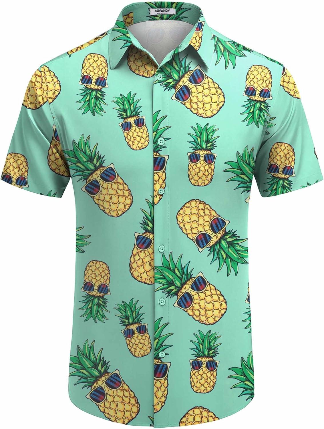 imageCOOFANDY Mens Hawaiian Shirt Short Sleeve Button Down Shirts Tropical Floral Summer Beach ShirtsGreen Pineapple