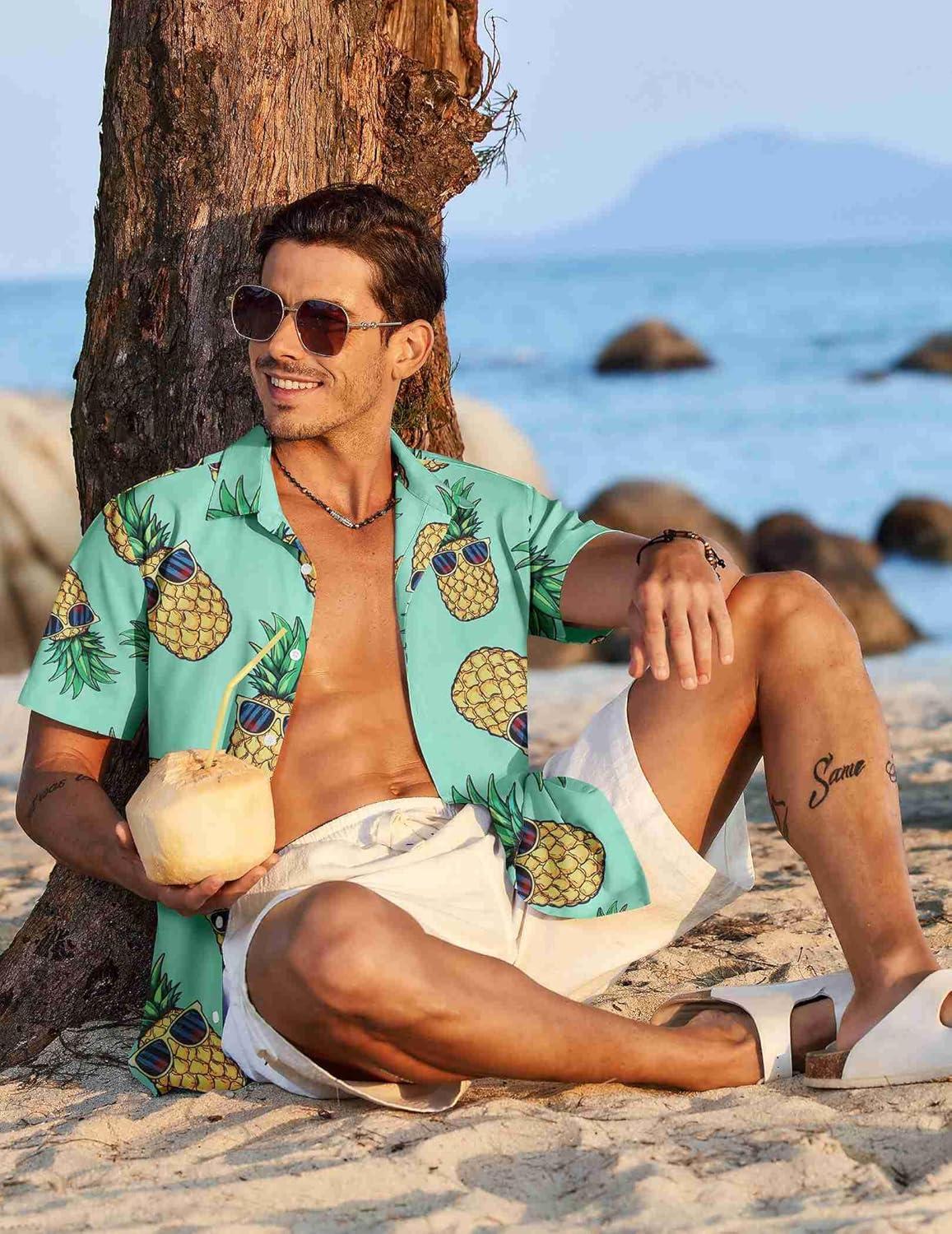 imageCOOFANDY Mens Hawaiian Shirt Short Sleeve Button Down Shirts Tropical Floral Summer Beach ShirtsGreen Pineapple